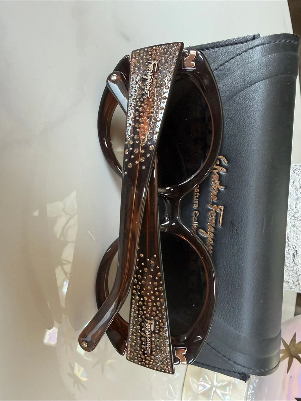 Salvatore Ferragamo Brown Crystal-Embellished Oversized Sunglasses